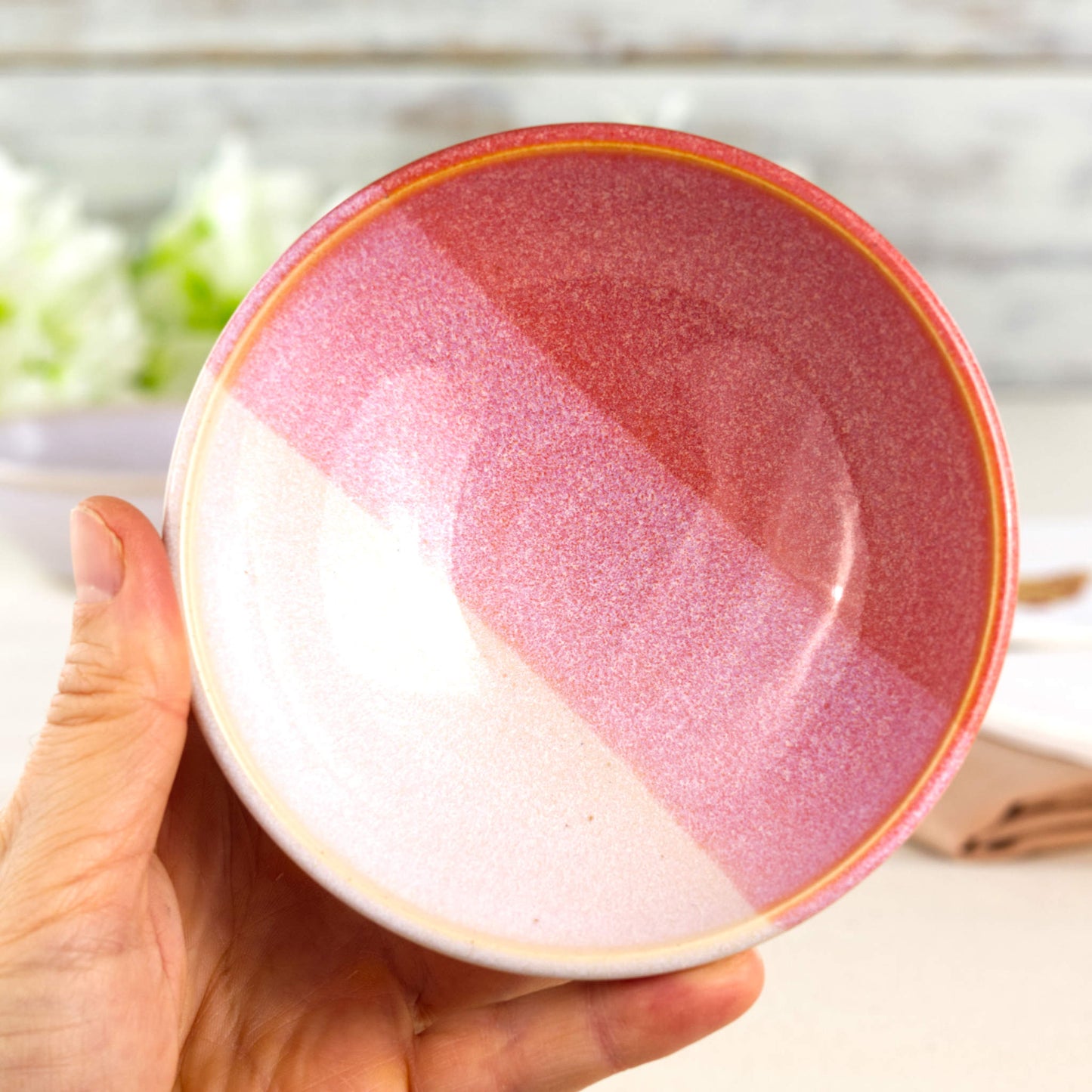 Coral and White handmade pottery bowl held in hand, a small serving bowl for dips, olives, berries, desserts or everyday nibbles