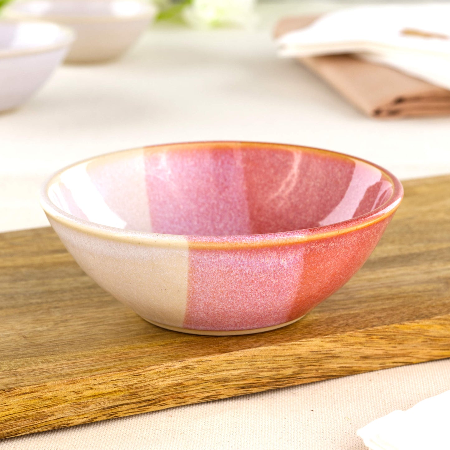 Coral and White small handmade stoneware bowl on wooden board, a wheel-thrown ceramic bowl for tapas, sauces, mezze and sharing platters