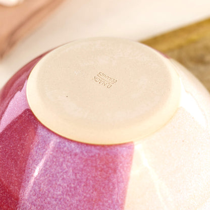 Base of Crimson and White handmade small bowl showing my maker’s mark and smooth burnished foot, designed to help reduce surface scratching on tables and worktops
