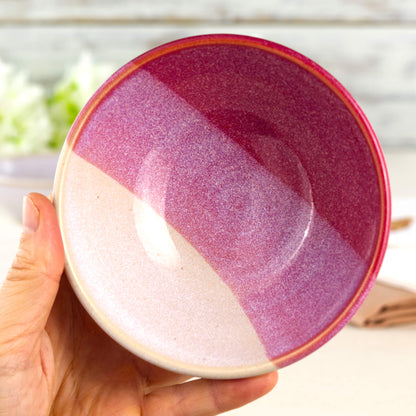 Crimson and White handmade pottery bowl held in hand, a small serving bowl for olives, nuts, sweets, dips or everyday nibbles
