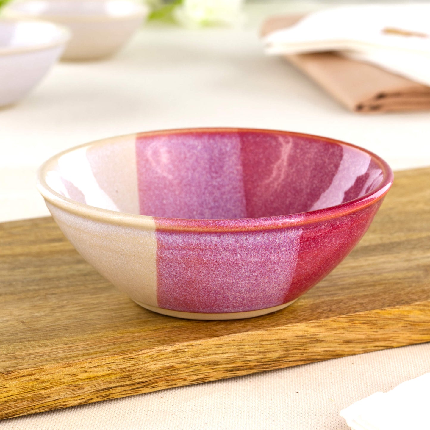 Crimson and White small handmade stoneware bowl on wooden board, a wheel-thrown ceramic bowl for tapas, desserts, condiments and stylish everyday dining