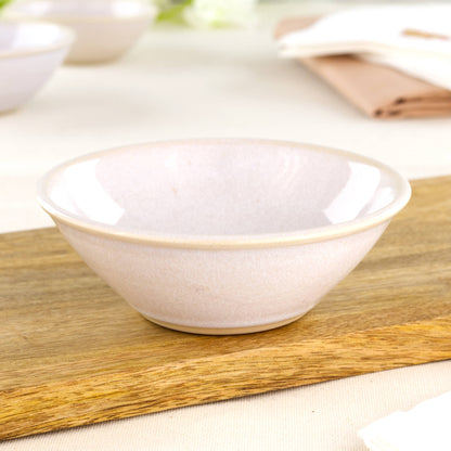 White stoneware snack bowl on wooden board, a handmade pottery bowl for tapas, sweets, berries and farmhouse table moments