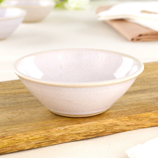 White stoneware snack bowl on wooden board, a handmade pottery bowl for tapas, sweets, berries and farmhouse table moments