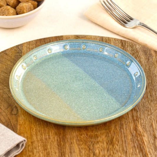 Coastal Blue & Pale Green small plate on a wooden board, a handmade ceramic side plate for bread, cake, snacks, starters or relaxed everyday dining
