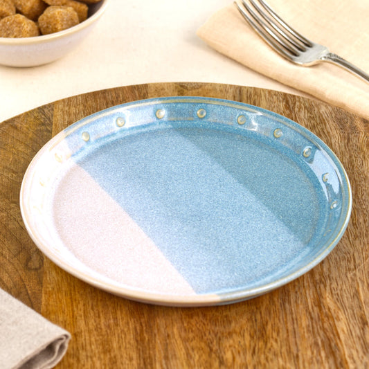 Coastal Blue and White small plate on a wooden board, a handmade stoneware side plate for cake, breakfast, snacks or light lunches