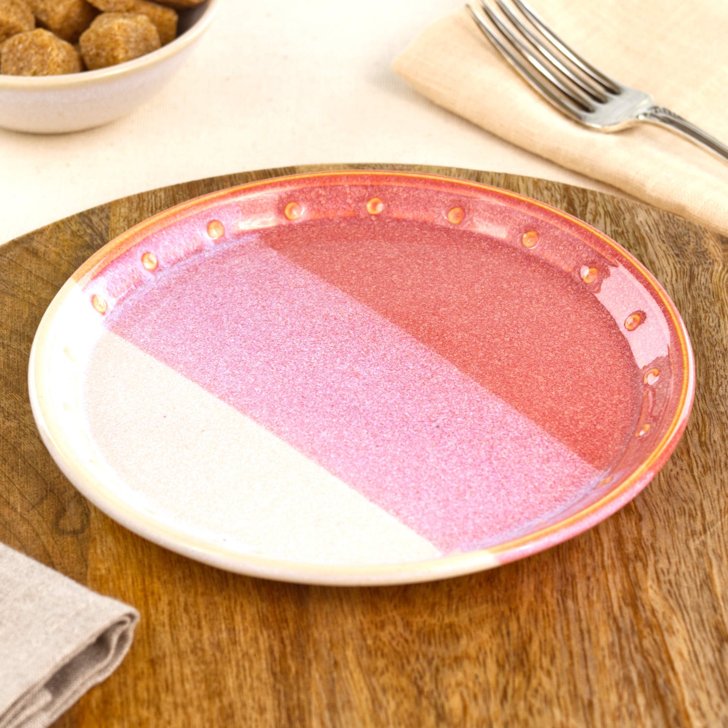 Coral & White small plate on a wooden board, a handmade ceramic dessert plate for cake, pastries, snacks or relaxed everyday table settings