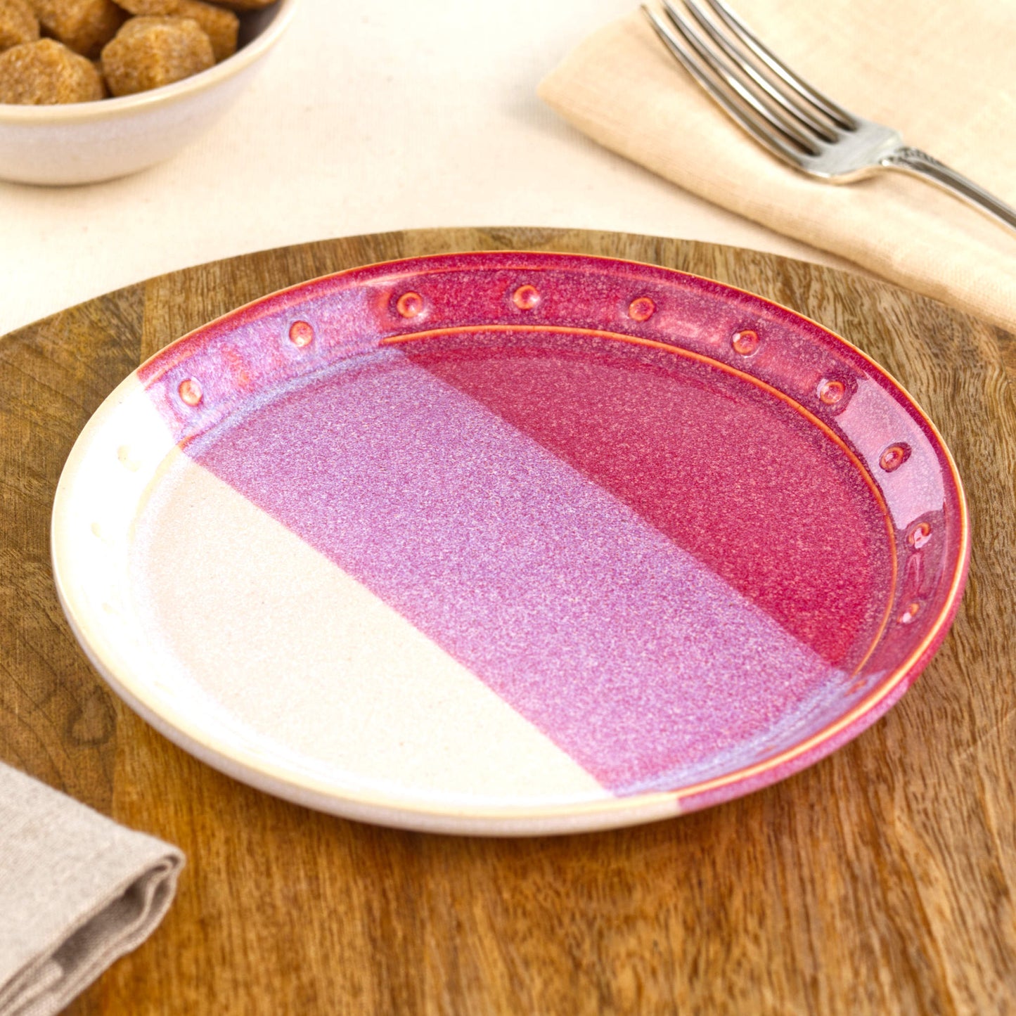 Crimson & White small plate on a wooden board, a handmade ceramic side plate for cake, starters, bread, snacks or colourful everyday tableware