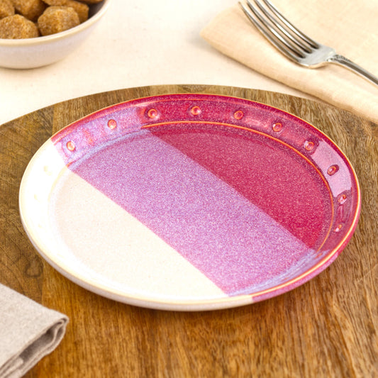 Crimson & White small plate on a wooden board, a handmade ceramic side plate for cake, starters, bread, snacks or colourful everyday tableware