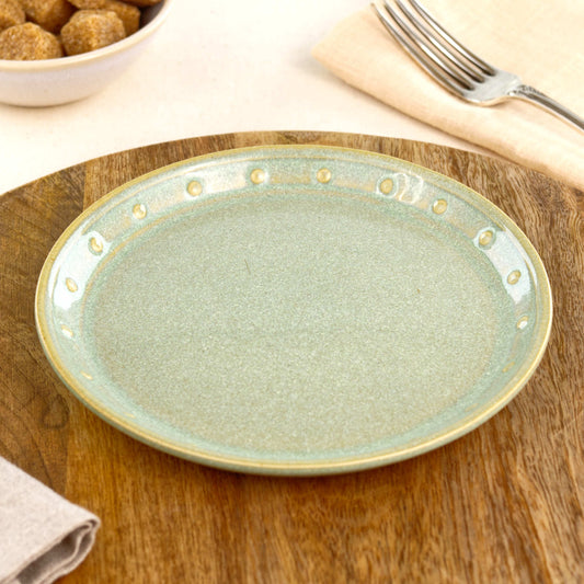 Pale Green small plate on a wooden board, a handmade ceramic side plate for cake, pastries, toast, snacks or relaxed everyday dining
