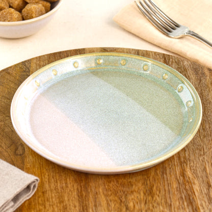 Pale Green & White small plate on a wooden board, a handmade ceramic side plate for cake, toast, snacks, starters or relaxed everyday tableware