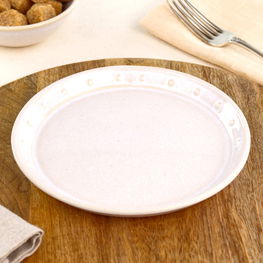 White ceramic small plate on a wooden board, a handmade side plate for farmhouse kitchens, Scandi tableware, cake, toast or relaxed everyday dining