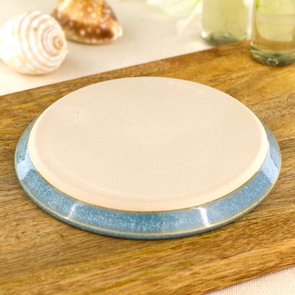 Coastal Blue soap tray underside with small studio makers mark, handmade Sussex pottery soap dish in wheel-thrown stoneware