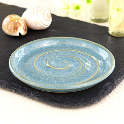 Coastal Blue handmade ceramic soap dish with spiral drainage design, wheel-thrown stoneware soap saver for bathroom sink or kitchen