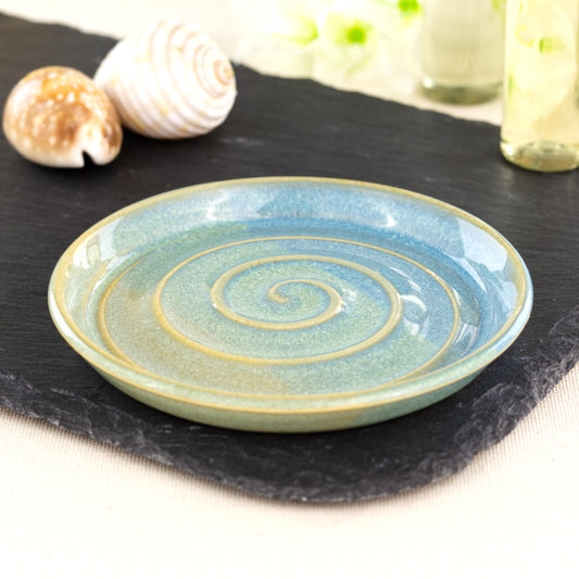 Handmade ceramic soap dish in Coastal Blue and Pale Green, ocean inspired soap saver with spiral channels and glossy layered glaze