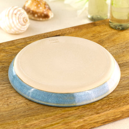 Coastal Blue and White soap tray underside with artisan makers mark, handmade Sussex pottery soap dish in wheel-thrown stoneware
