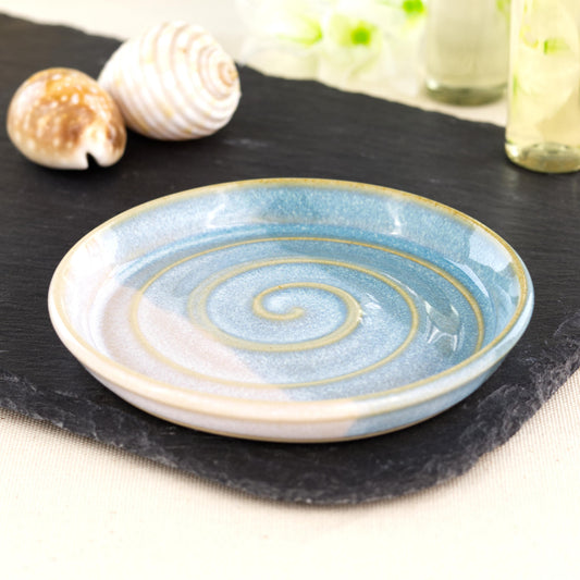 Coastal Blue and White handmade ceramic soap dish with double dipped spiral drainage design, wheel-thrown stoneware soap saver
