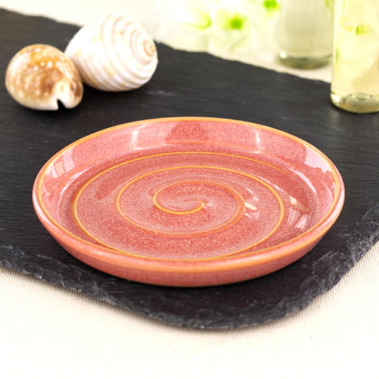 Handmade coral ceramic soap dish with spiral ridges, wheel-thrown stoneware soap holder styled on slate with shells