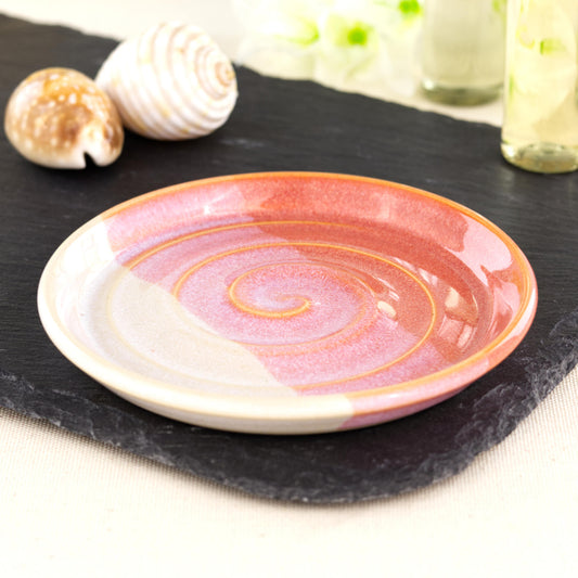 Handmade coral and white soap dish on slate board, double dipped ceramic soap saver with spiral ridges and glossy layered glaze