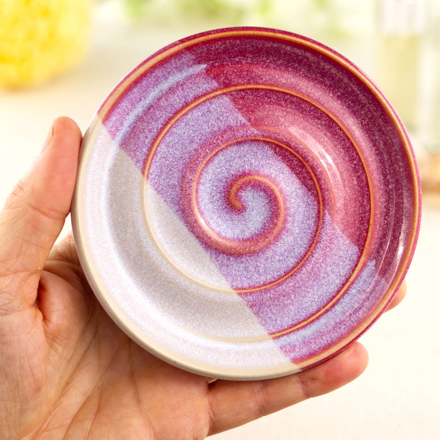 Crimson and white ceramic soap holder in hand, wheel-thrown handmade soap tray with banded striped glaze finish