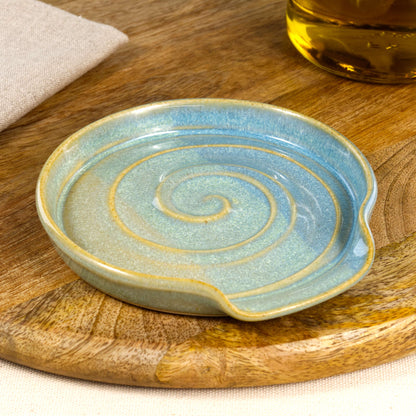 Handmade ceramic spoon rest in Coastal Blue and Pale Green, wheel-thrown stoneware spoon holder with spiral design, artisan kitchen decor gift