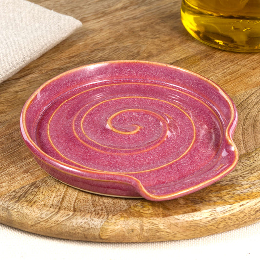 Handmade Crimson ceramic spoon rest, wheel-thrown stoneware utensil holder with spiral detail, bold kitchen decor gift idea