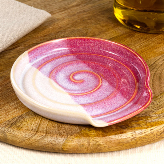 Handmade ceramic spoon rest in crimson and white, wheel-thrown stoneware spoon holder with spiral design, artisan kitchen counter decor gift