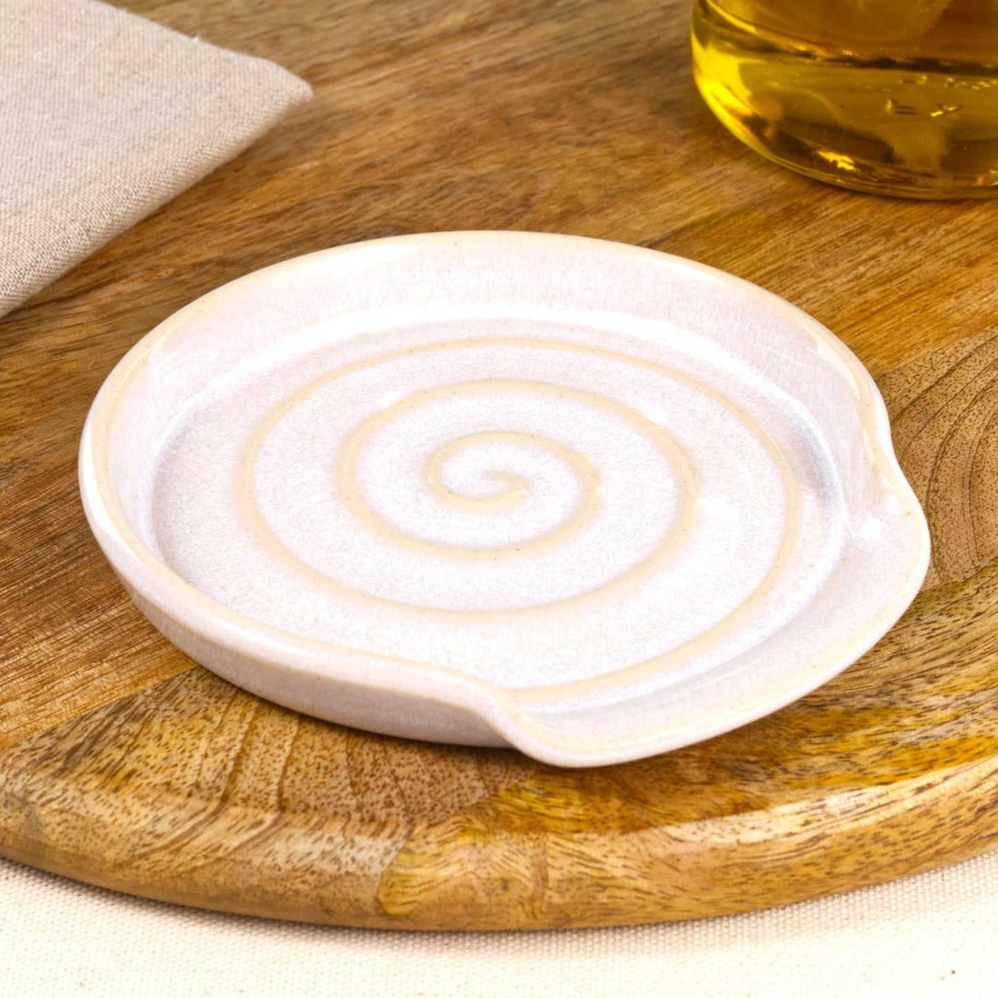Handmade white ceramic spoon rest, wheel-thrown stoneware utensil holder with spiral detail, scandi kitchen decor accessory