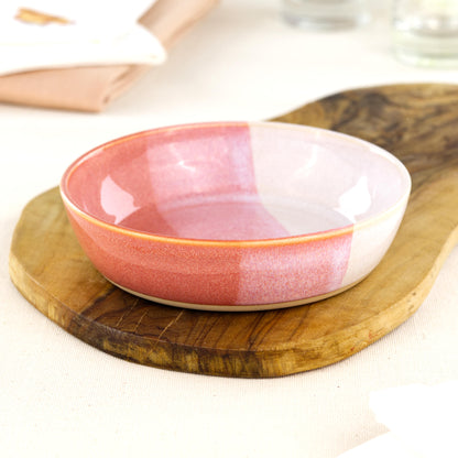 Wheel-thrown Coral & White tapas bowl on an olive wood board, a piece of British studio pottery for tapas-style serving, picky bits, Mediterranean food and casual entertaining